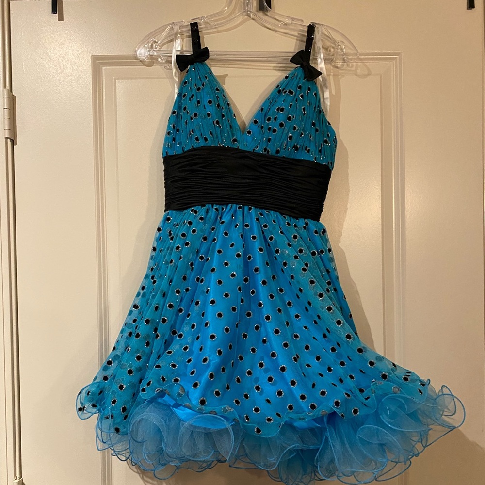 Bright Blue Short Knee-Length Formal Dress with Black Polkadots & Black Accents